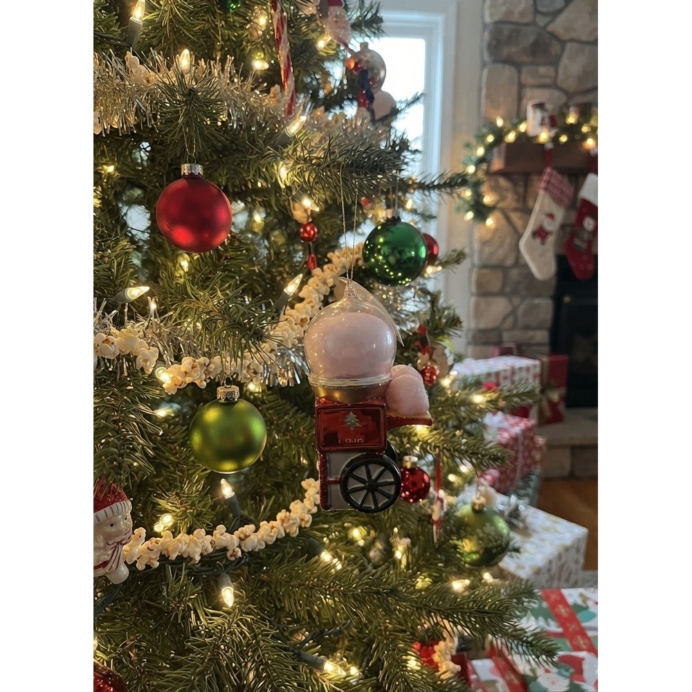 Holiday  Glass Cotton Candy Cart Christmas Ornament‎ Red Pink Glitter